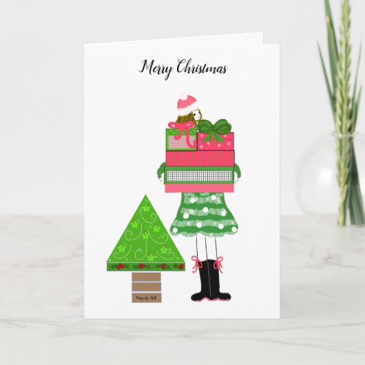Mädchen mit Geschenken und Baum Karte (Vorderseite)