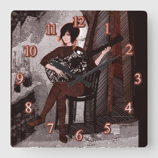 Mädchen mit Gitarre Quadratische Wanduhr (Vorderseite)