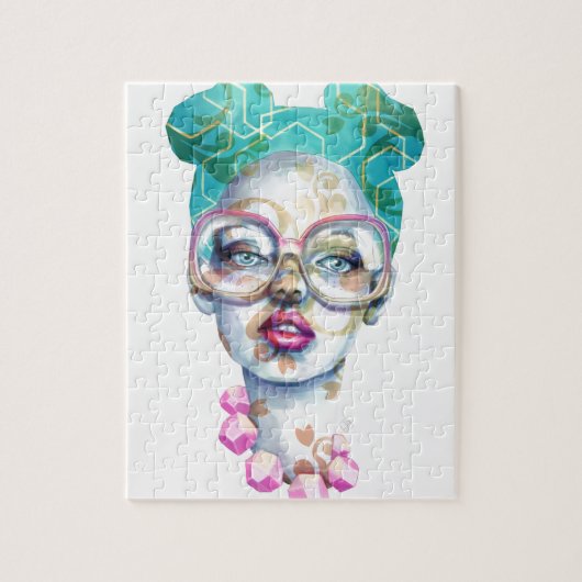 Mädchen mit Glas-Funky Wasserfarbe-Kunst Puzzle (Vertikal)