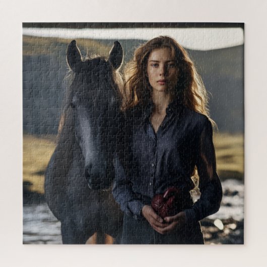 Mädchen mit Glasherz und schwarzem Pferd – Fotopun Puzzle (Vertikal)