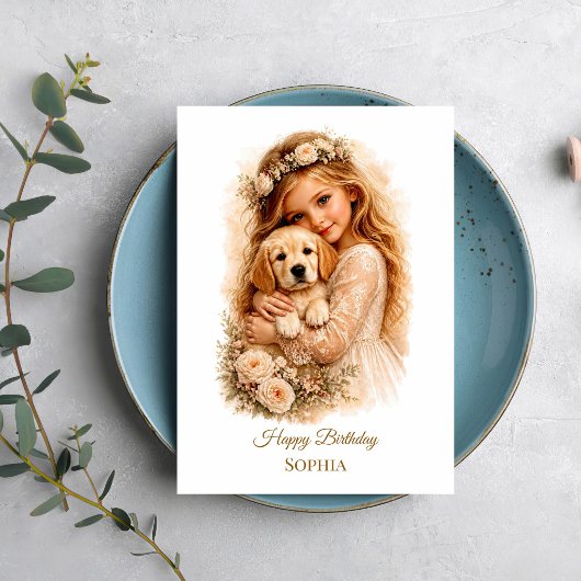 Mädchen mit Golden Retriever Welpe Karte