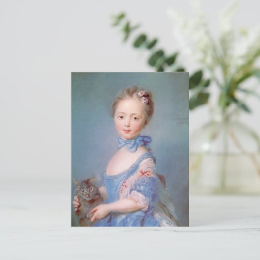 Mädchen mit grauer Katze Postkarte (Stehend Vorderseite)