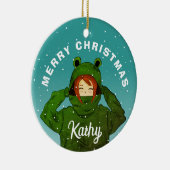 Mädchen mit Green Frog Hoodie Zeichnend Weihnachte Keramik Ornament (Rechts)