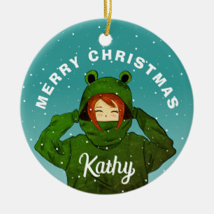 Mädchen mit Green Frog Hoodie Zeichnend Weihnachte Keramik Ornament