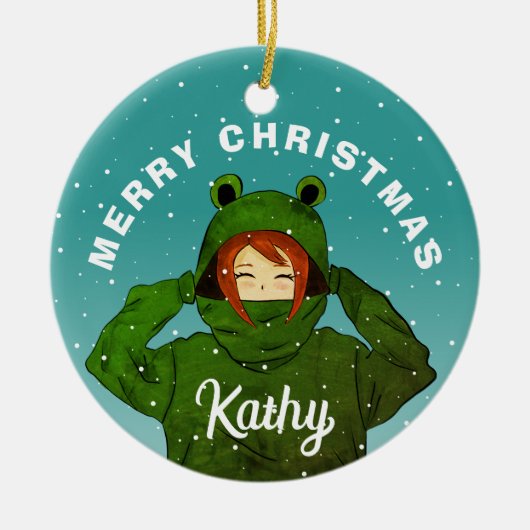 Mädchen mit Green Frog Hoodie Zeichnend Weihnachte Keramik Ornament (Vorne)