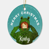 Mädchen mit Green Frog Hoodie Zeichnend Weihnachte Keramik Ornament (Links)