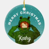 Mädchen mit Green Frog Hoodie Zeichnend Weihnachte Keramik Ornament (Hinten)