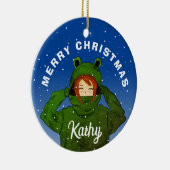 Mädchen mit Green Frog Hoodie Zeichnend Weihnachte Keramik Ornament (Rechts)