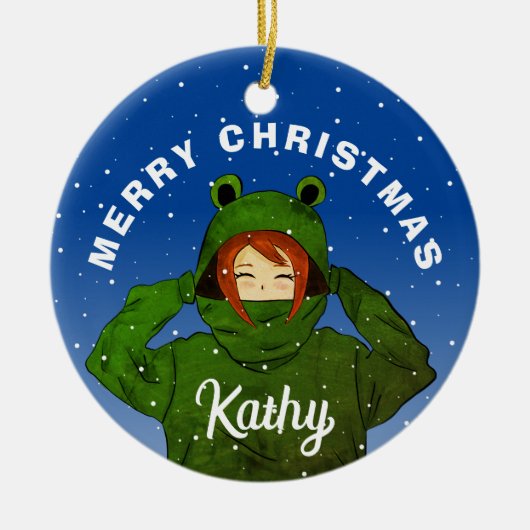 Mädchen mit Green Frog Hoodie Zeichnend Weihnachte Keramik Ornament (Vorne)