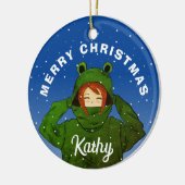 Mädchen mit Green Frog Hoodie Zeichnend Weihnachte Keramik Ornament (Links)