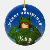Mädchen mit Green Frog Hoodie Zeichnend Weihnachte Keramik Ornament (Hinten)