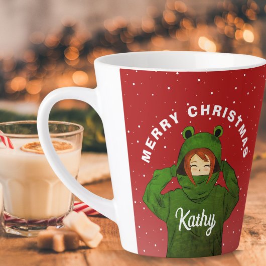 Mädchen mit Green Frog Hoodie Zeichnend Weihnachte Milchtasse