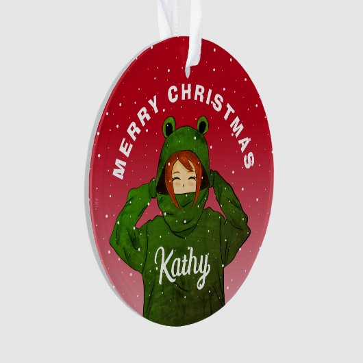 Mädchen mit Green Frog Hoodie Zeichnend Weihnachte Ornament (Vorderseite)