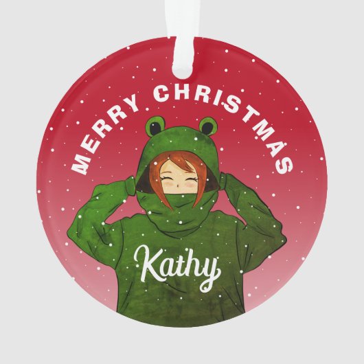 Mädchen mit Green Frog Hoodie Zeichnend Weihnachte Ornament (Rückseite)