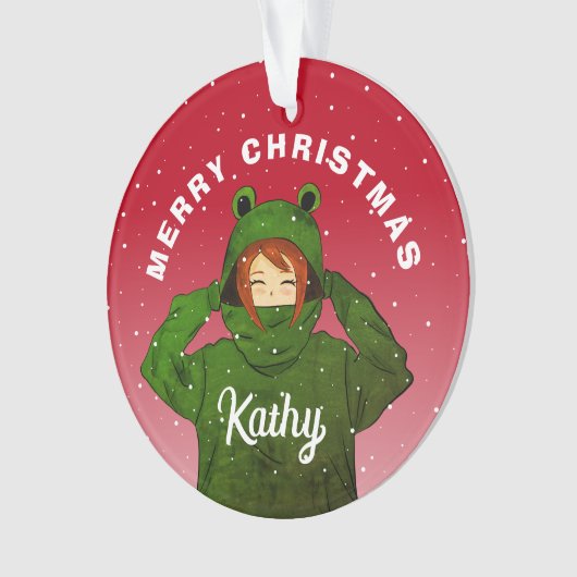 Mädchen mit Green Frog Hoodie Zeichnend Weihnachte Ornament (Vorderseite)