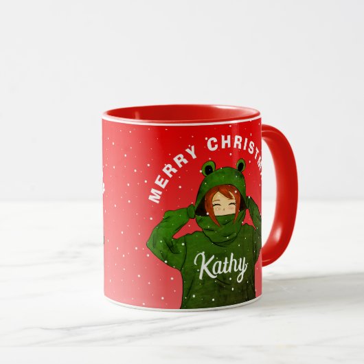 Mädchen mit Green Frog Hoodie Zeichnend Weihnachte Tasse (VorderseiteRechts)