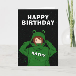 Mädchen mit Green Frog Hoody Zeichnend Geburtstag Karte