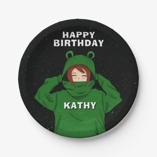 Mädchen mit Green Frog Hoody Zeichnend Geburtstag Pappteller (Vorderseite)
