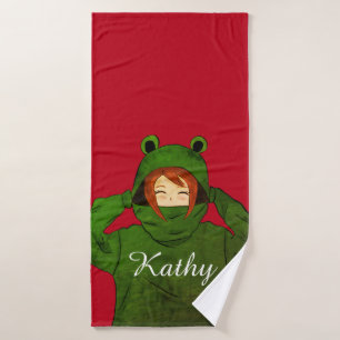 Mädchen mit Green Frog Hoody Zeichnend Individuell Badehandtuch
