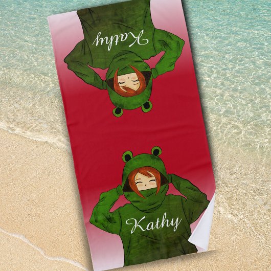 Mädchen mit Green Frog Hoody Zeichnend Individuell Strandtuch