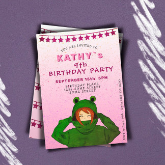 Mädchen mit Green Frog Hoody Zeichnend Rosa Geburt Einladung