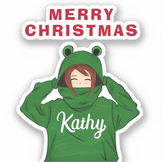 Mädchen mit Green Frog Hoody Zeichnend Weihnachten Aufkleber (Vorderseite)