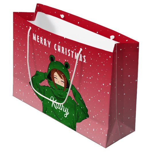 Mädchen mit Green Frog Hoody Zeichnend Weihnachten Große Geschenktüte (Vorderseite Schrägansicht)