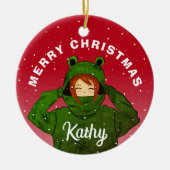 Mädchen mit Green Frog Hoody Zeichnend Weihnachten Keramik Ornament (Vorne)