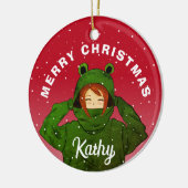 Mädchen mit Green Frog Hoody Zeichnend Weihnachten Keramik Ornament (Links)