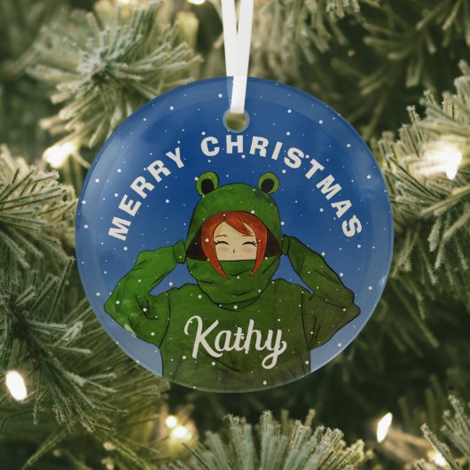 Mädchen mit Green Frog Hoody Zeichnend Weihnachten Ornament Aus Glas (InSitu)