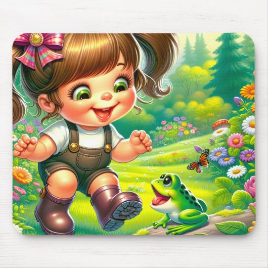 Mädchen mit großen Augen und grünem Frosch Mousepad (Vorne)