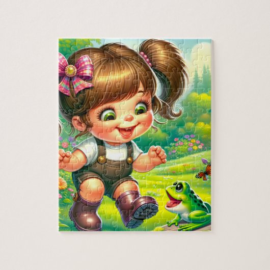 Mädchen mit großen Augen und grünem Frosch Puzzle (Vertikal)