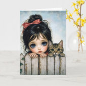 Mädchen mit großen Augen und Hauskatze Karte (Gelbe Blume)