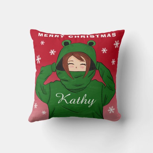 Mädchen mit grünem Frosch Hoodie Schneeflocken Wei Kissen (Rückseite)