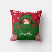 Mädchen mit grünem Frosch Hoodie Schneeflocken Wei Kissen (Vorderseite)