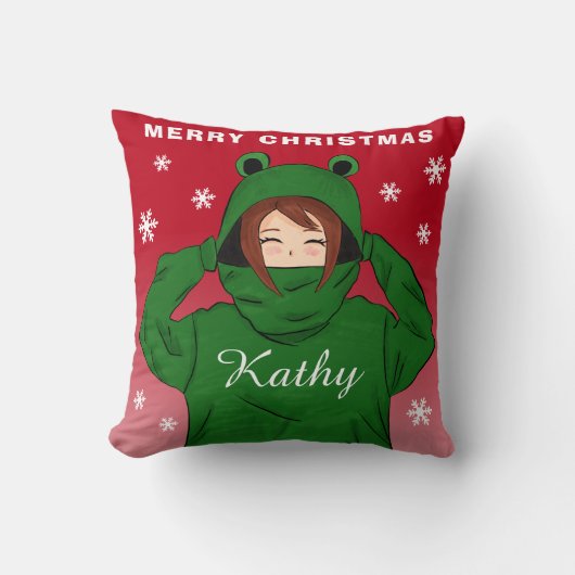 Mädchen mit grünem Frosch Hoodie Schneeflocken Wei Kissen (Vorderseite)