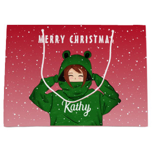 Mädchen mit grünem Frosch-Hoodie-Zeichnung Weihnac Große Geschenktüte