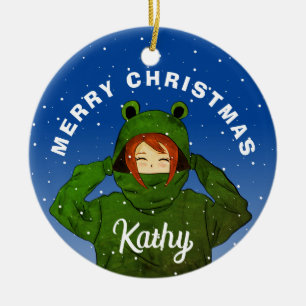Mädchen mit grünem Frosch-Hoodie-Zeichnung Weihnac Keramik Ornament