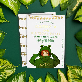 Mädchen mit Grünen Frosch Hoodie Stars Geburtstag Folieneinladung