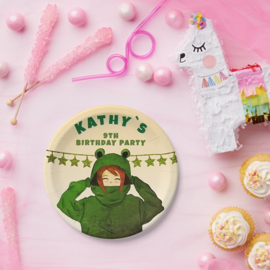 Mädchen mit Grünen Frosch Hoodie Zeichnend Geburts Pappteller (Party)