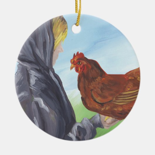 Mädchen mit Hühnerdekor Keramik Ornament (Vorne)