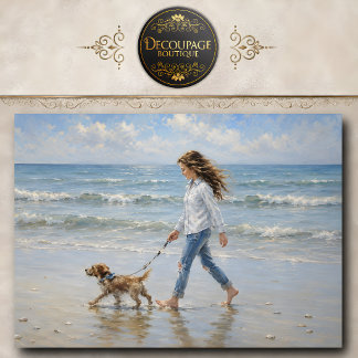 Mädchen mit Hund am Strand Decoupage Seidenpapier