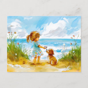 Mädchen mit Hund, die in Strandaquarell spielen Feiertagspostkarte