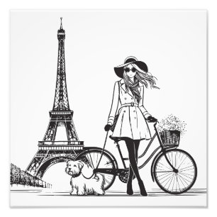 Mädchen mit Hund in Paris in der Nähe des Eiffeltu Fotodruck