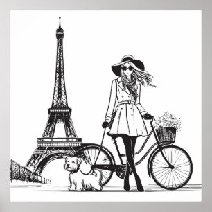 Mädchen mit Hund in Paris in der Nähe des Eiffeltu Poster