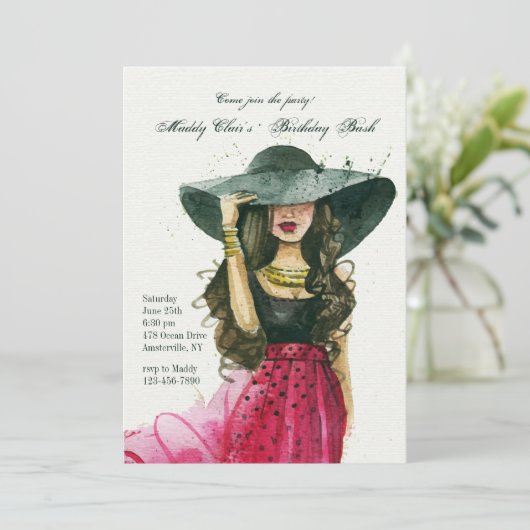 Mädchen mit Huteinladung Einladung (Stehend Vorderseite)