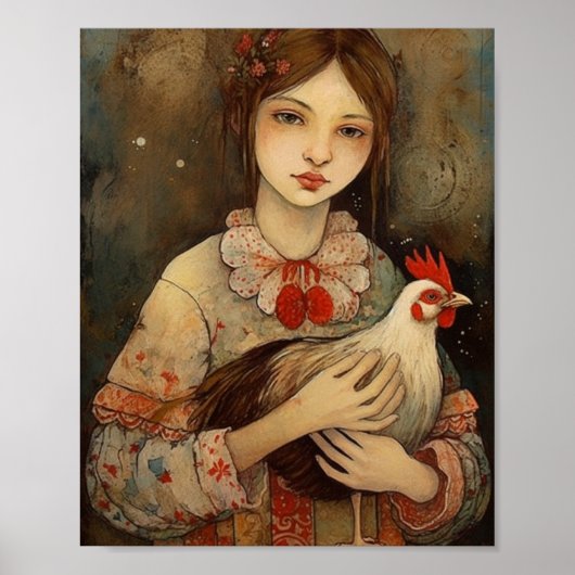 Mädchen mit ihrem Hähnchen Hühnchen Kunst Poster (Vorne)
