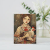 Mädchen mit ihrem Hähnchen Hühnchen Kunst Postkarte (Stehend Vorderseite)