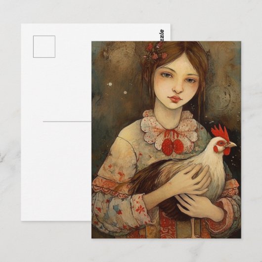 Mädchen mit ihrem Hähnchen Hühnchen Kunst Postkarte (Vorne/Hinten)