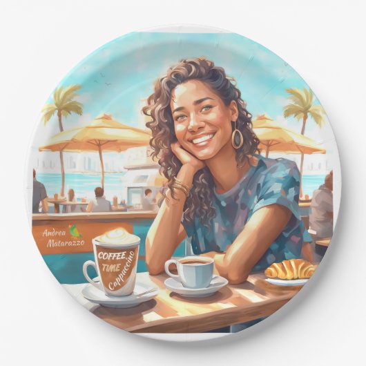 Mädchen mit Kaffeepause Pappteller (Vorderseite)